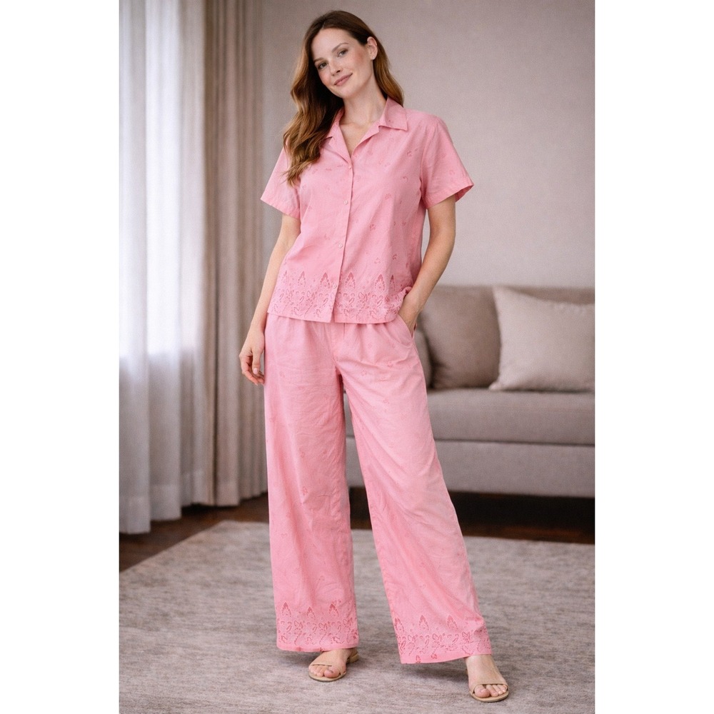 Vintage Victoria Secret Cotton Pajama Set Short Sleeve Button Top Wide lingerie